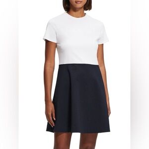 White Navy Short Sleeve Dress THEORY Short Sleeve Mixed Media Mini Dress EUC